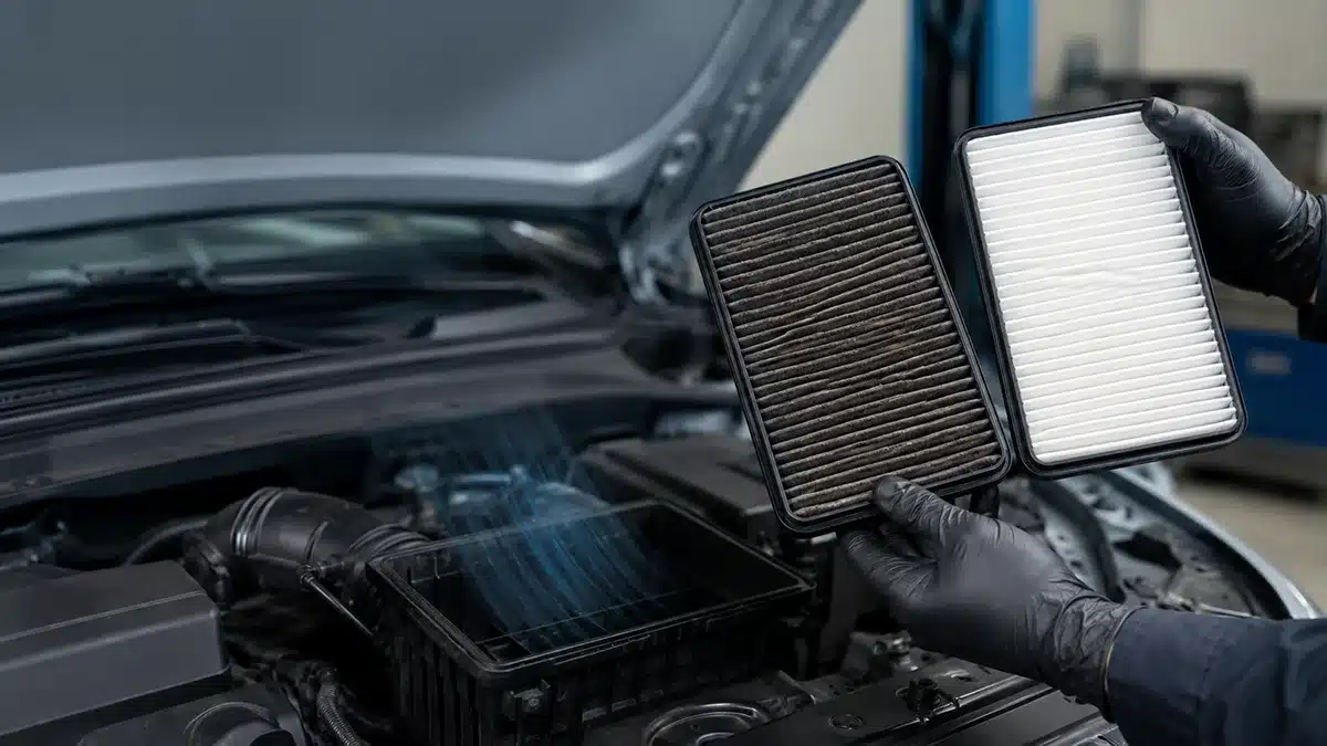 Mechanic comparing a clogged engine air filter with a clean replacement beside an open car engine air filter housing