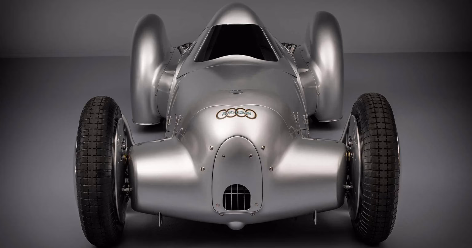 Front elevation of the recreated silver Auto Union Lucca record car