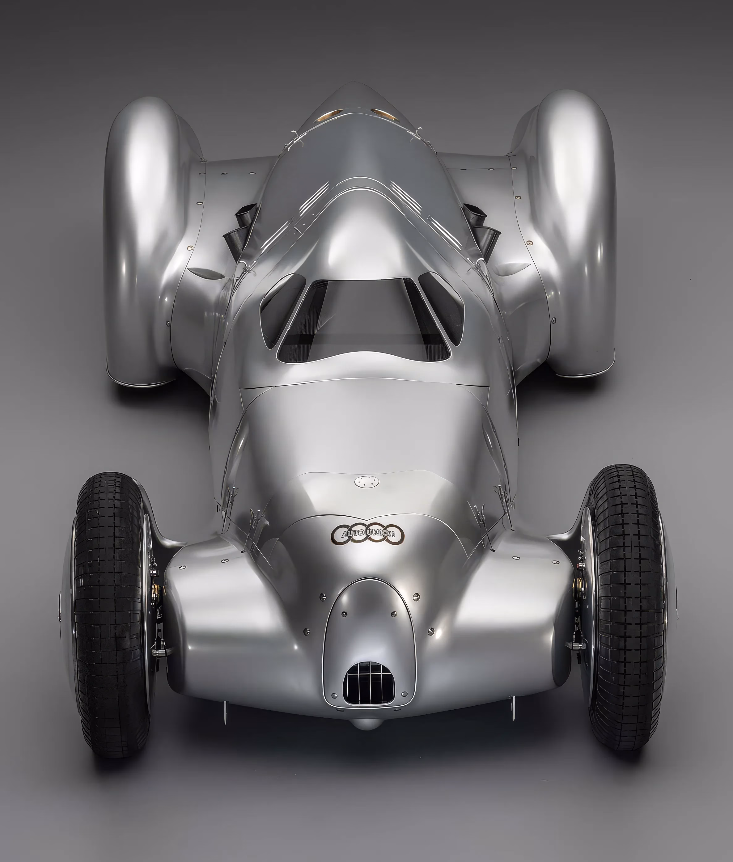 High front view of the Auto Union Lucca showing its narrow cockpit and aerodynamic body