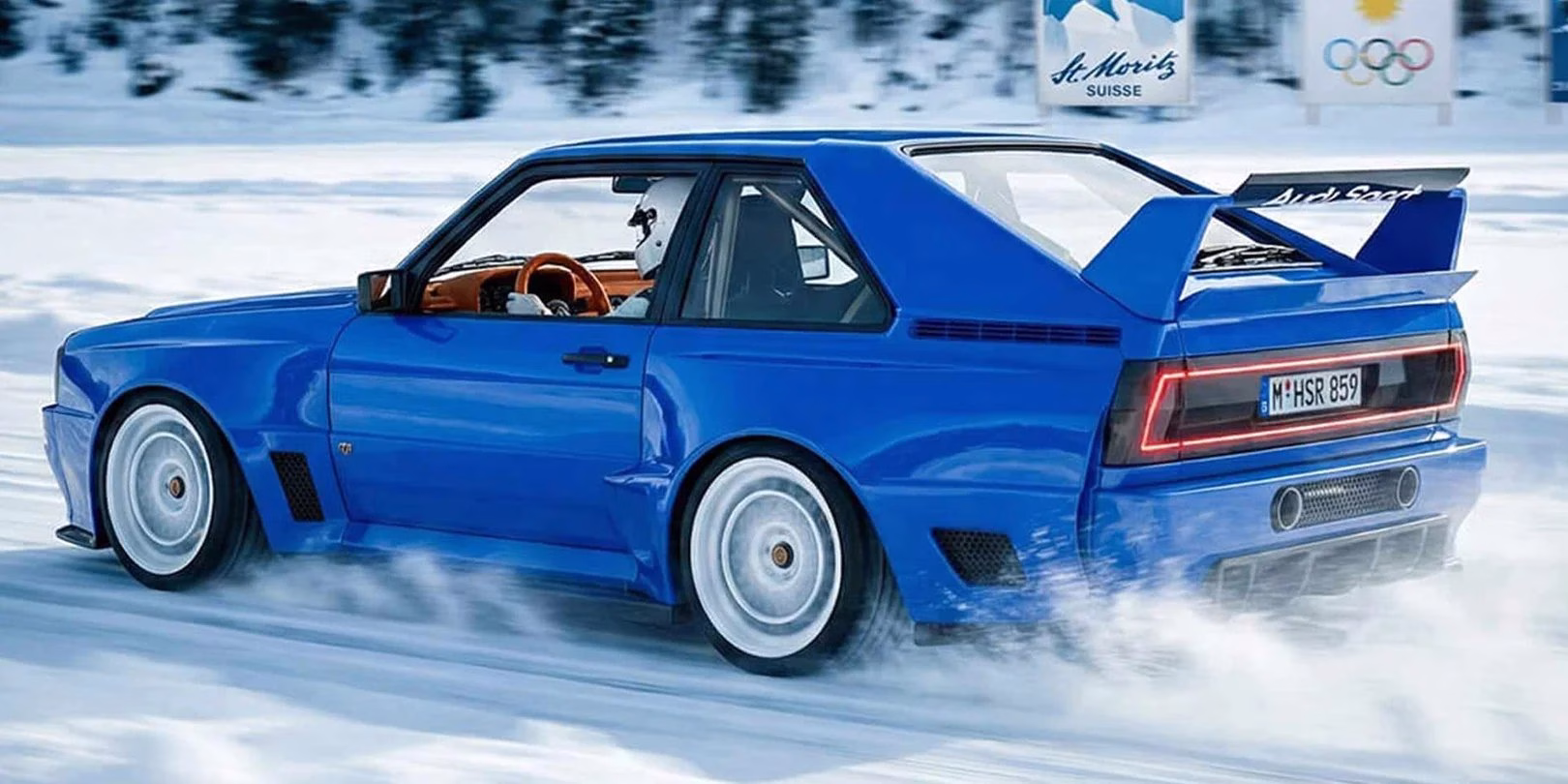 Blue HSR Type 859 Audi Sport Quattro restomod drifting on snow at a St Moritz ice event