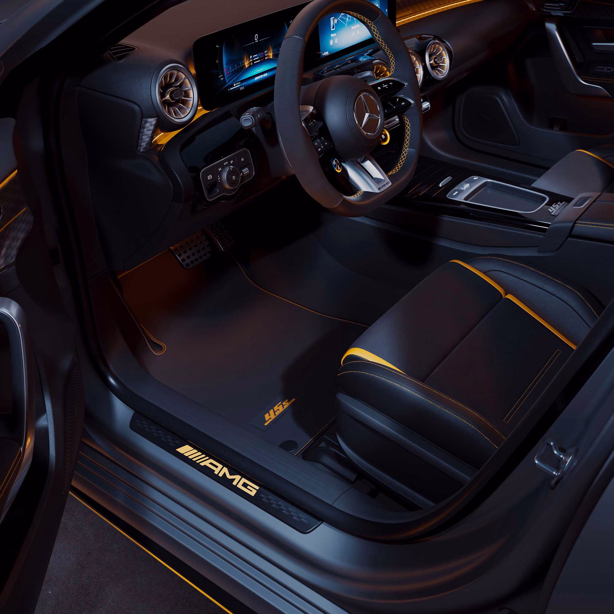 Overhead view of the A45 S Final Edition interior showing the AMG steering wheel, driver seat, illuminated AMG door sill and 45 S floor mat