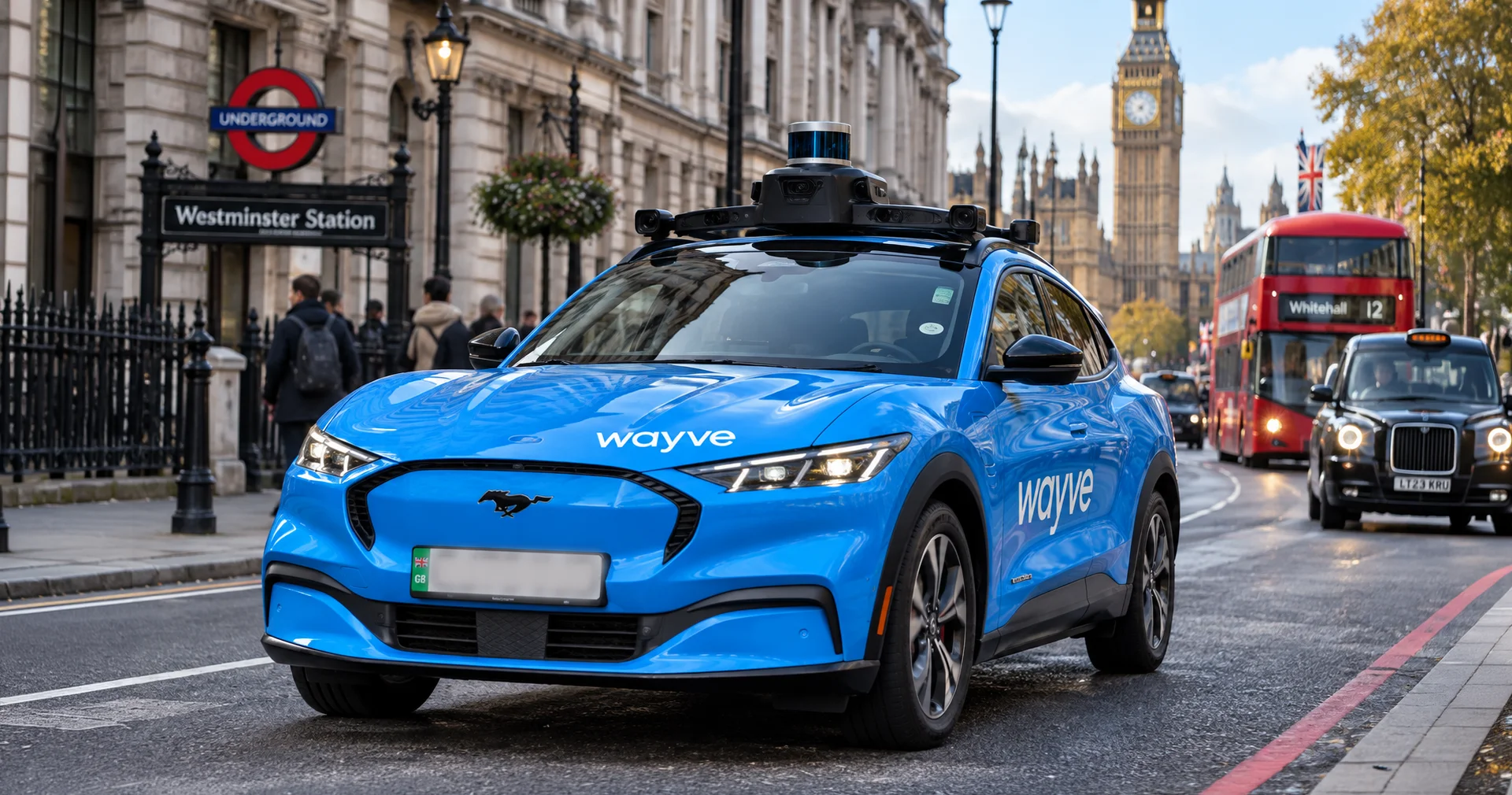 Blue Wayve Ford Mustang Mach-E self-driving Uber with roof sensors on a London street